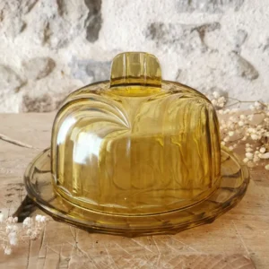 Cloche à gâteau Art Déco en verre jaune ambré