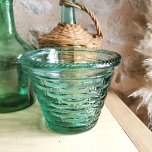 Pot de fleurs vintage, forme panier en verre épais