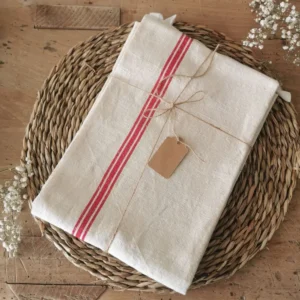 Torchon ancien en lin, 3 liteaux rouges de 1930