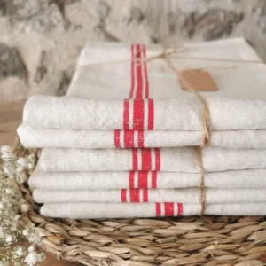 Torchon ancien en lin, 3 liteaux rouges de 1930