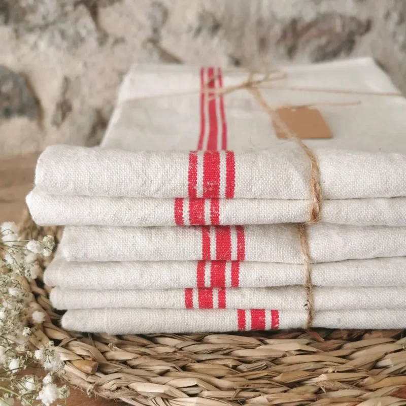 Torchon ancien en lin, 3 liteaux rouges de 1930