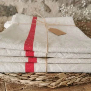 Torchon ancien en lin, grand liteau rouge de 1930