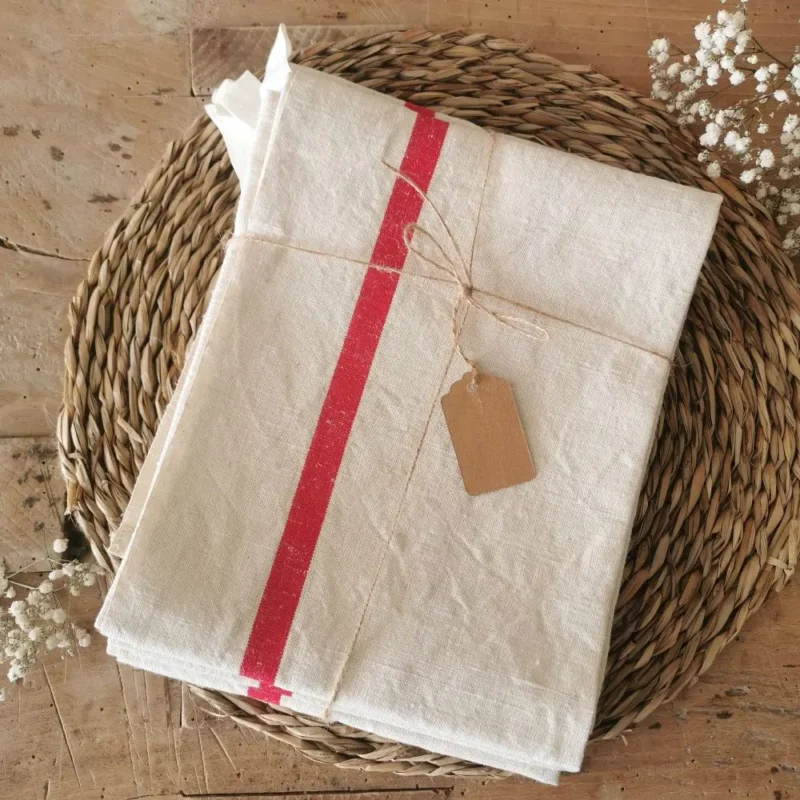 Torchon ancien en lin, grand liteau rouge de 1930